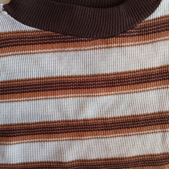 Vintage Boys 6-8 T-shirt 1970's Brady Bunch Brown Tan Striped Ribbed Knit Groovy - Picture 2 of 6